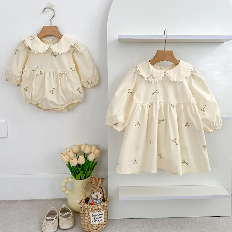Spring Kids Party Dresses Children Clothing Embroider Flower Toddler Baby Girls Princess Dress Long Sleeve Cotton Sisters Dress