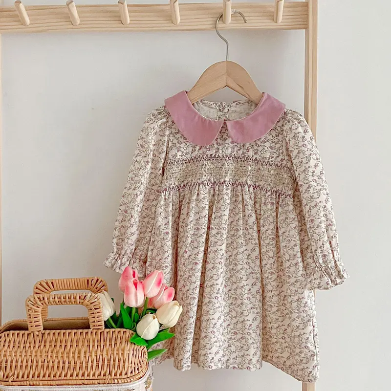 New Girls Clothes Autumn Smocking Dress Floral Children's Set Outerwear Outfits Spring Kids Clothing Baby Girls Princess Dress