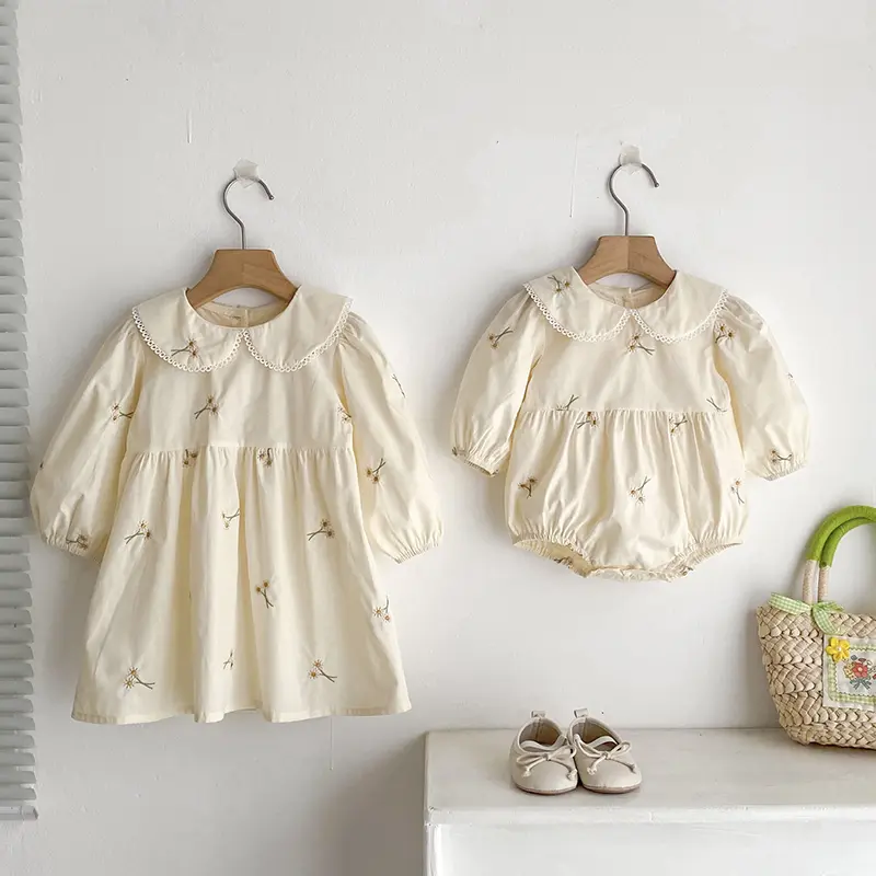 Spring Kids Party Dresses Children Clothing Embroider Flower Toddler Baby Girls Princess Dress Long Sleeve Cotton Sisters Dress
