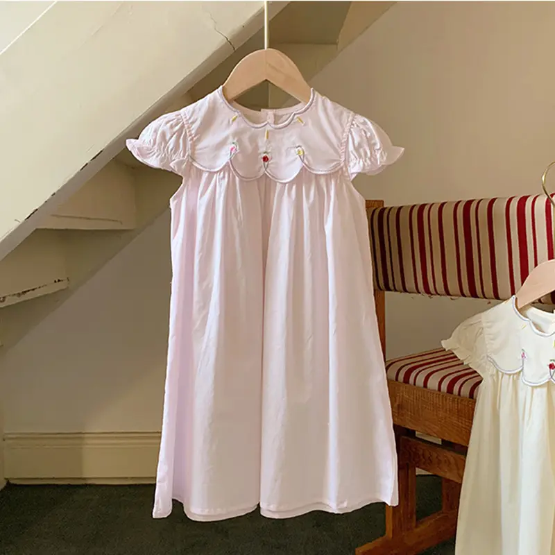 1-6Yrs Summer Baby Girl Dress Flower Collar Rose Embroidery Ruffled Edge Dress Sweet And Cute Casual Children's Summer Clothing