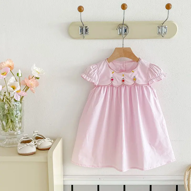 1-6Yrs Summer Baby Girl Dress Flower Collar Rose Embroidery Ruffled Edge Dress Sweet And Cute Casual Children's Summer Clothing
