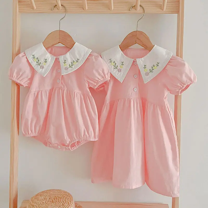 Summer New Kids Baby Girls Short Sleeve Sisters Embroider Dress Infant Rompers Kids Baby Girls Sweet Princess Clothes Rompers