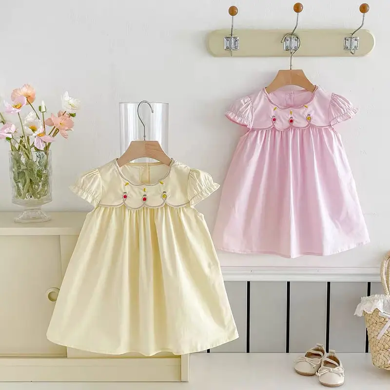 1-6Yrs Summer Baby Girl Dress Flower Collar Rose Embroidery Ruffled Edge Dress Sweet And Cute Casual Children's Summer Clothing