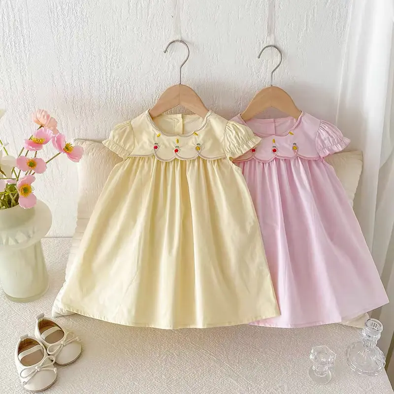 1-6Yrs Summer Baby Girl Dress Flower Collar Rose Embroidery Ruffled Edge Dress Sweet And Cute Casual Children's Summer Clothing