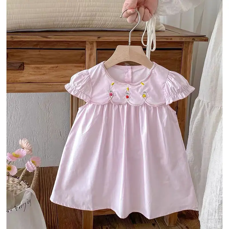 1-6Yrs Summer Baby Girl Dress Flower Collar Rose Embroidery Ruffled Edge Dress Sweet And Cute Casual Children's Summer Clothing