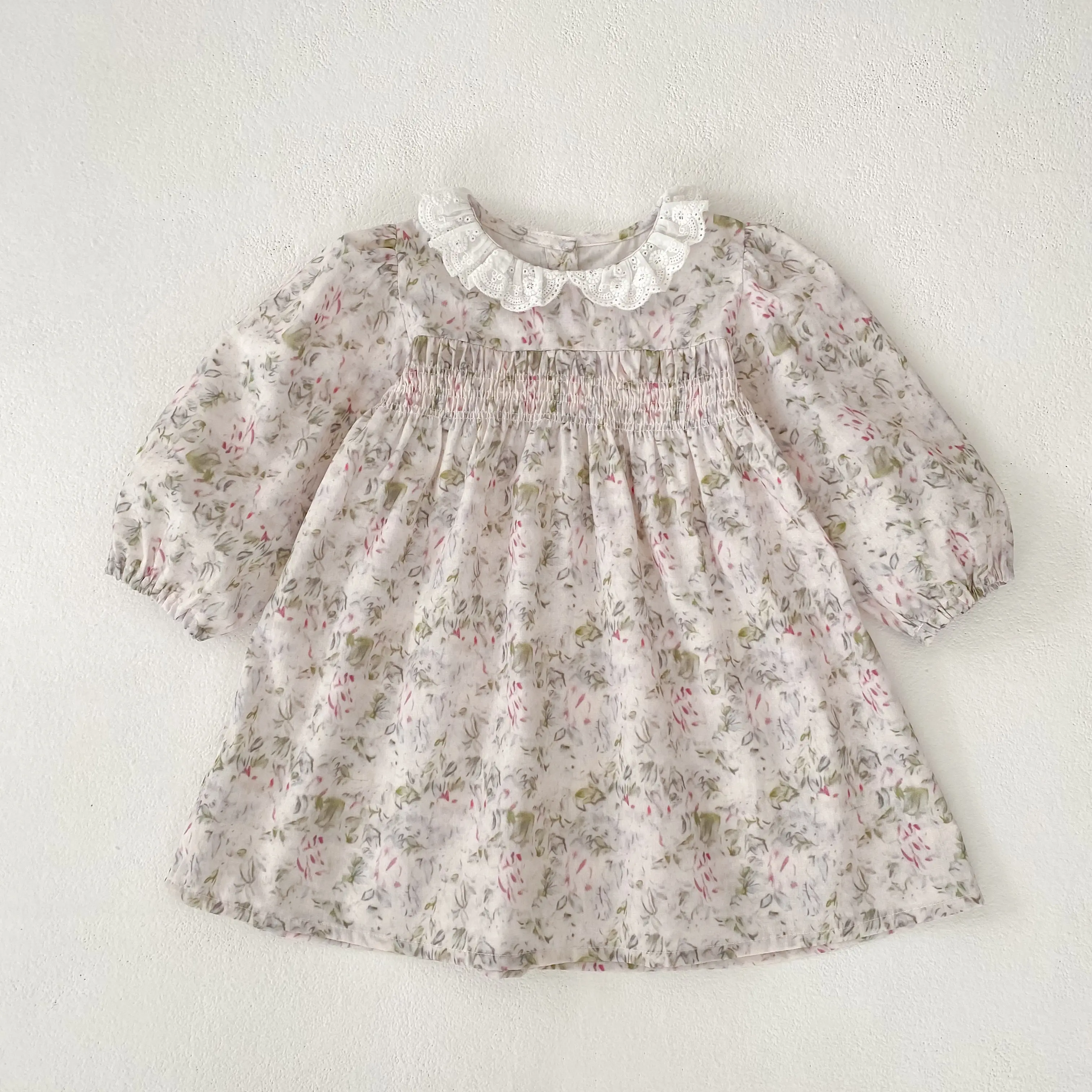 2025 Autumn Girls Dress Floral Round Neck Long Sleeved Baby Girls Princess Dress French Style Lace Sweet Beauty Children's Dress
