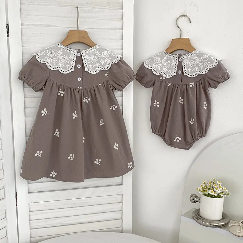 Infant Baby Girls Doll Collar Dress Rompers Sisters Clothes Kids Girls Embroider Flower Princess Dress Family Clothes Rompers
