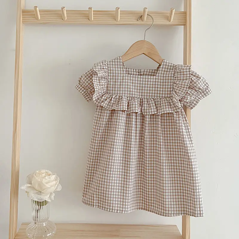 Summer Girls Dress Plaid Costumes Short Sleeve Sweet Princess Dress Baby Kids Children'S Clothing For Girl Dress Korean Style