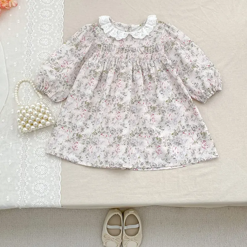 2025 Autumn Girls Dress Floral Round Neck Long Sleeved Baby Girls Princess Dress French Style Lace Sweet Beauty Children's Dress