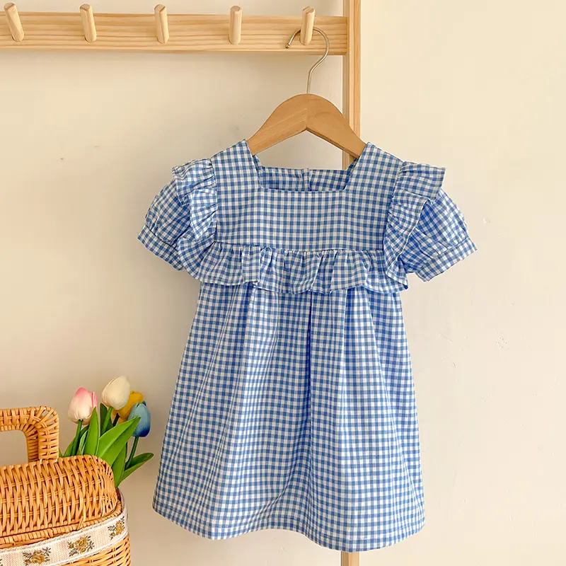 Summer Girls Dress Plaid Costumes Short Sleeve Sweet Princess Dress Baby Kids Children'S Clothing For Girl Dress Korean Style