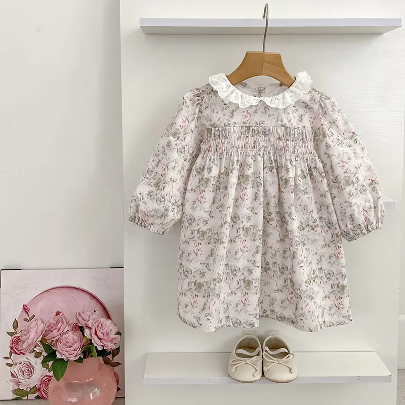 2025 Autumn Girls Dress Floral Round Neck Long Sleeved Baby Girls Princess Dress French Style Lace Sweet Beauty Children's Dress
