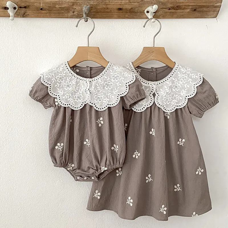 Infant Baby Girls Doll Collar Dress Rompers Sisters Clothes Kids Girls Embroider Flower Princess Dress Family Clothes Rompers