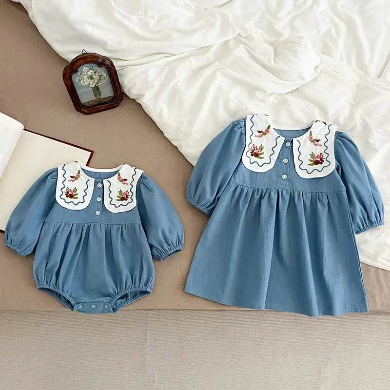 Autumn Sister Baby Girl Party Dress Baby Girl Rompers Long Sleeved Cotton Flower Embroidery Sister Clothes Kids Princess Dress
