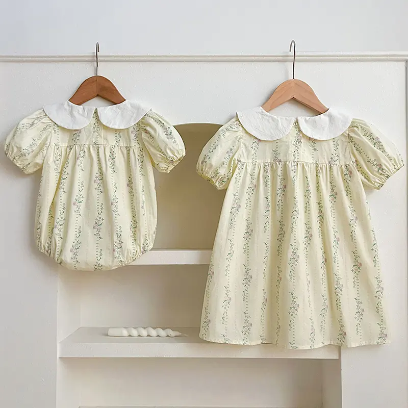 Summer Sister Baby Girls Flower Dresses Sister Matching Outfit Embroidery Collar Girl Baby Romper Princess Dress Toddler Romper