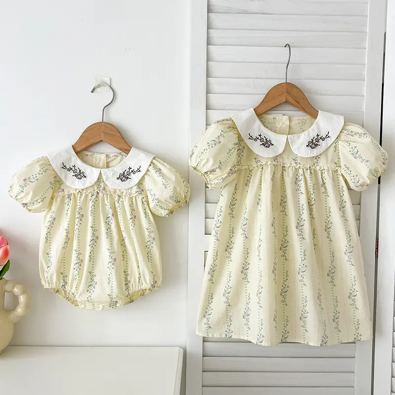 Summer Sister Baby Girls Flower Dresses Sister Matching Outfit Embroidery Collar Girl Baby Romper Princess Dress Toddler Romper