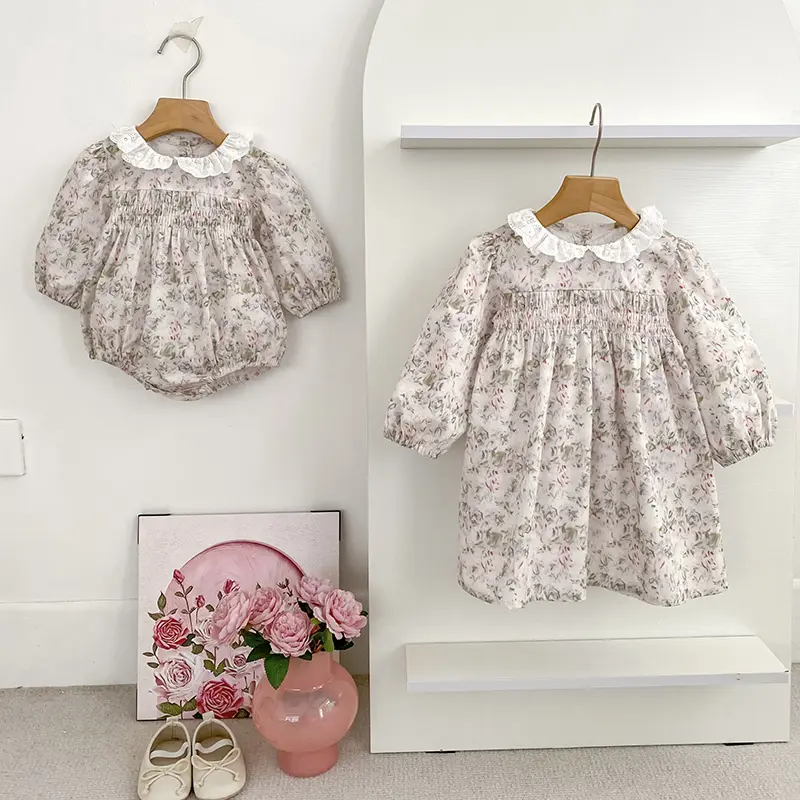 2025 Autumn Girls Dress Floral Round Neck Long Sleeved Baby Girls Princess Dress French Style Lace Sweet Beauty Children's Dress