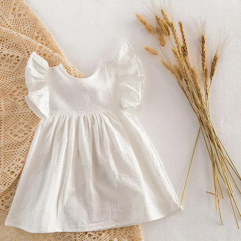 Baby Girls Dress Flying Sleeve Ruffles Cotton Backless Linen Newborn Infant Princess Dress Party Dresses Girls Clothing Outfits