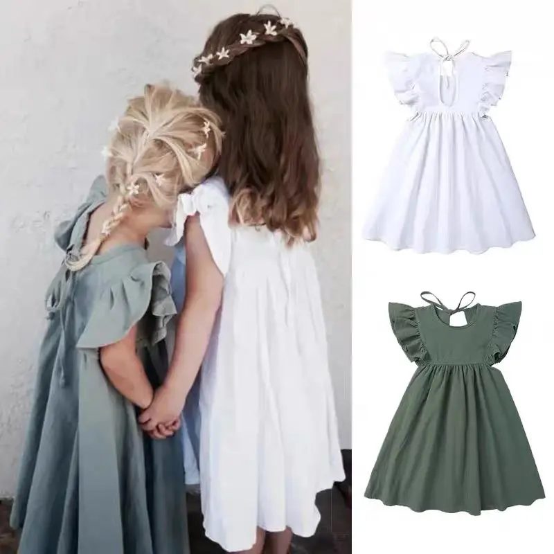 Baby Girls Dress Flying Sleeve Ruffles Cotton Backless Linen Newborn Infant Princess Dress Party Dresses Girls Clothing Outfits