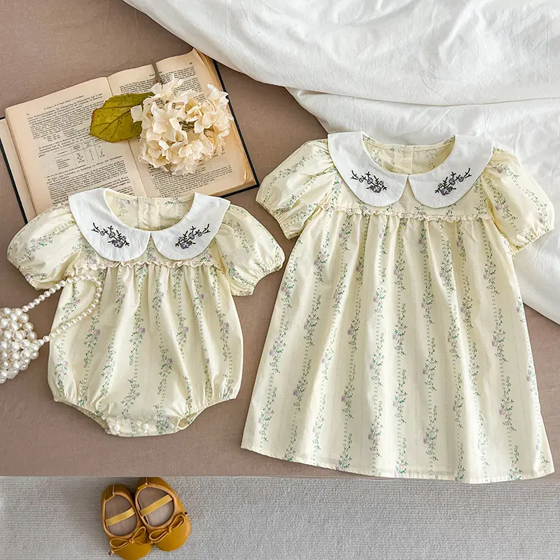 Summer Sister Baby Girls Flower Dresses Sister Matching Outfit Embroidery Collar Girl Baby Romper Princess Dress Toddler Romper
