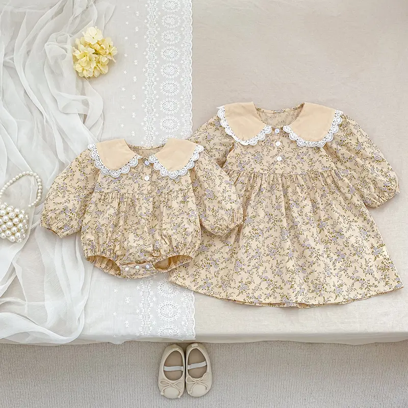 0-6Y Baby Girls Sister Clothes Toddler Baby Rompers Princess Dresses Children Girls Long Sleeves Floral Printed Dresses Clothes
