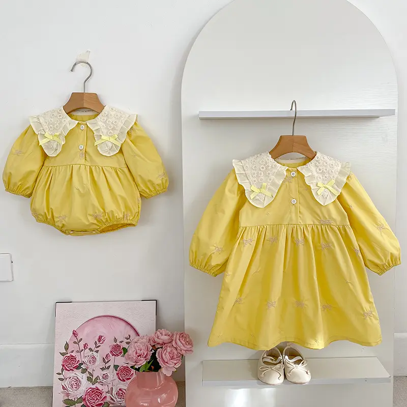 0-6Y Kids Party Dress Sisters Clothes Yellow Embroidered Bow Toddler Baby Bodysuits Cotton Sisters Clothes Girls Princess Dress