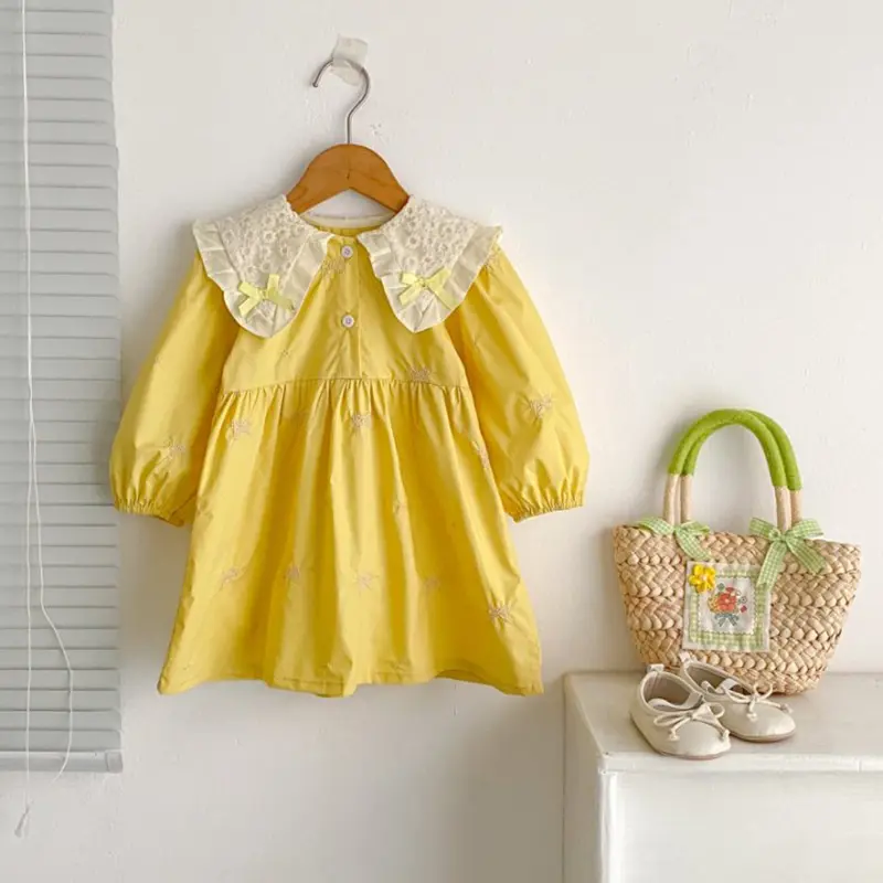 0-6Y Kids Party Dress Sisters Clothes Yellow Embroidered Bow Toddler Baby Bodysuits Cotton Sisters Clothes Girls Princess Dress