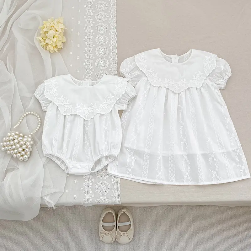 Summer Sisters Dress Baby Bodysuit Flower Embroidery Dress Infant Girls Baby Rompers Toddler Outfit Family Sister Dress Outfits