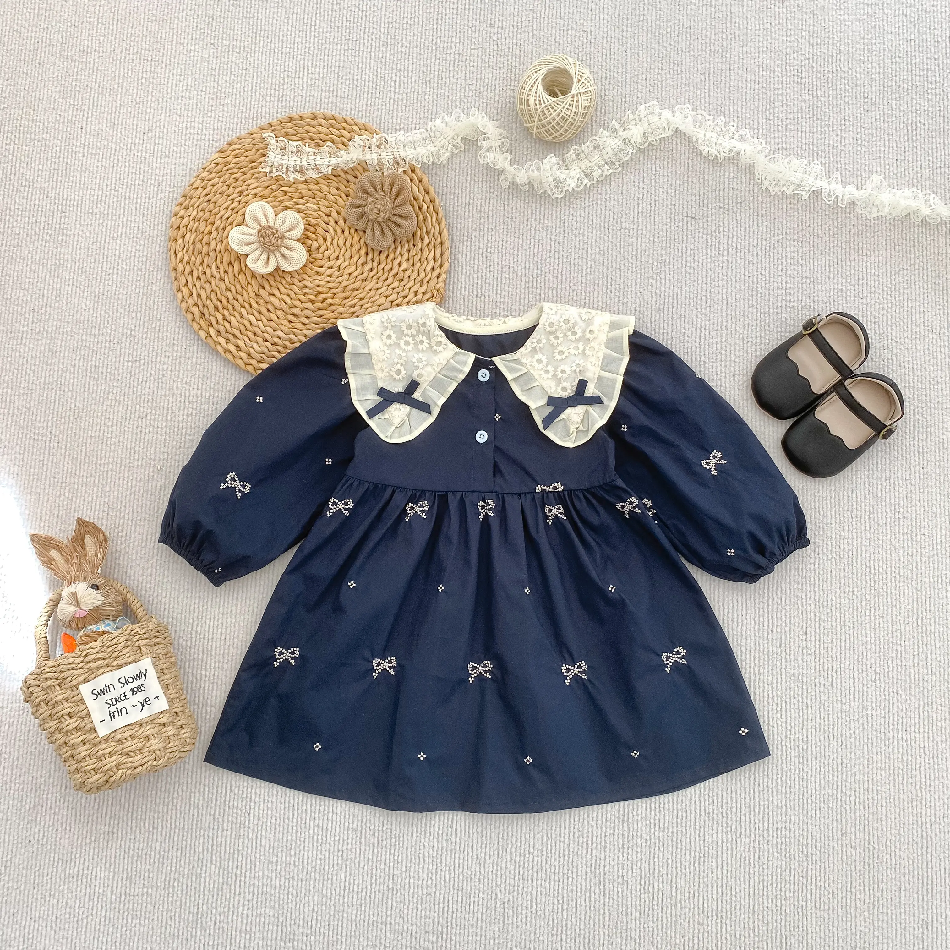 1-6Y Baby Girl Clothing Lace Autumn Casual Dresses Children Fashion Embroidery Sweet Princess Dress Long Sleeve Kids Party Dress