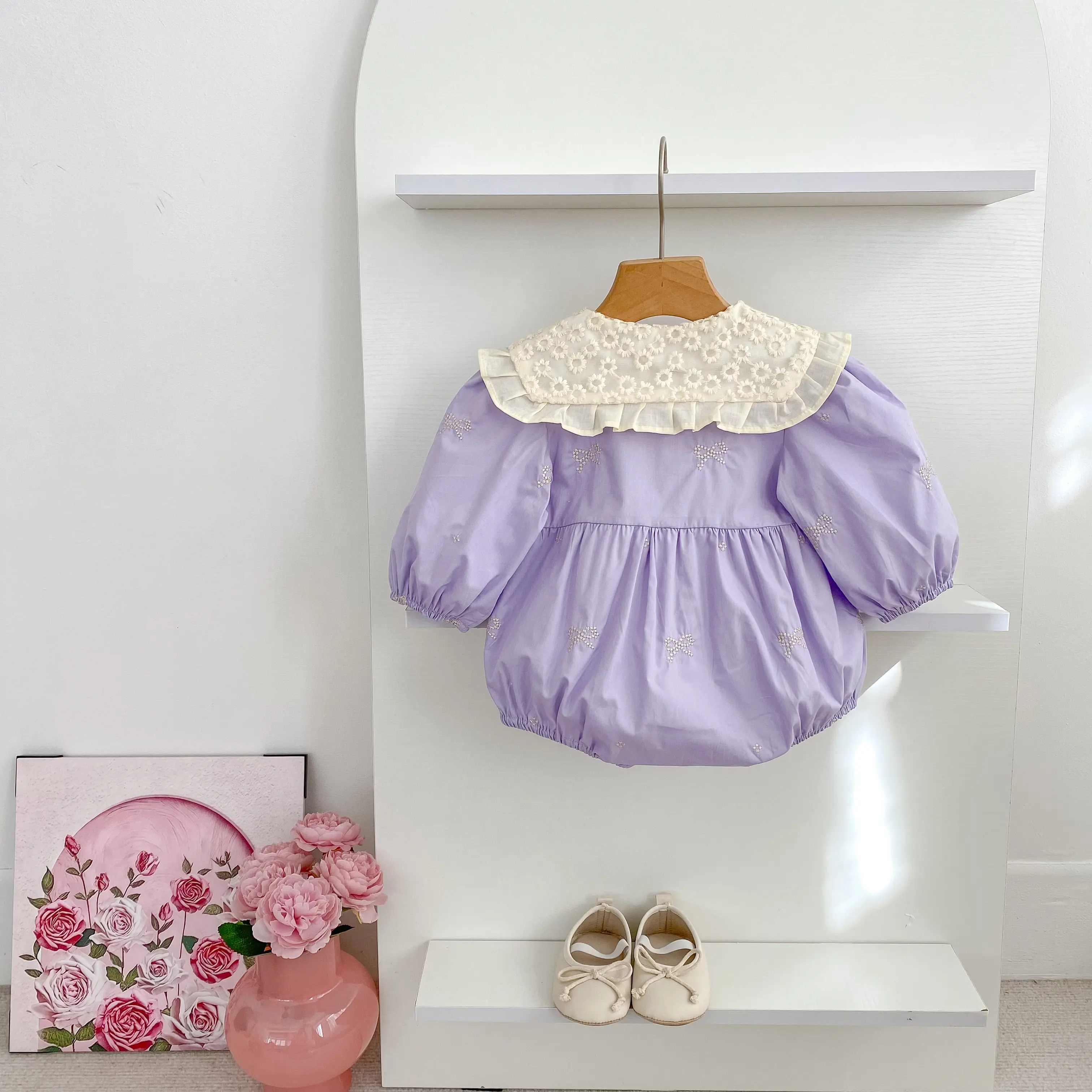 Newborn Baby Girl Romper Lace Bow Ribbon Ruffle Jumpsuit Purple Princess Toddler Floral Onesie Spring Embroidery Baby Clothes
