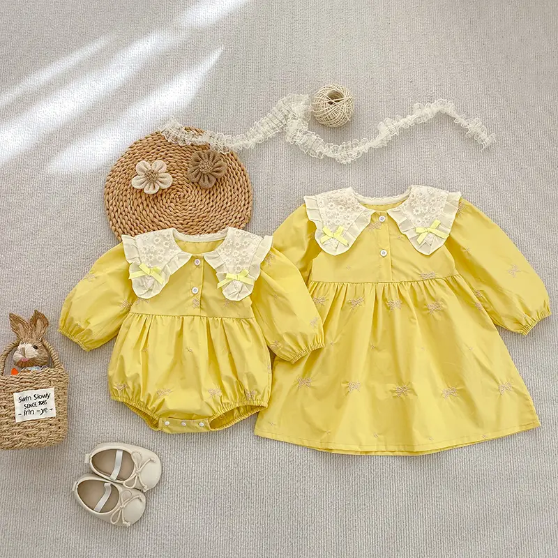 0-6Y Kids Party Dress Sisters Clothes Yellow Embroidered Bow Toddler Baby Bodysuits Cotton Sisters Clothes Girls Princess Dress