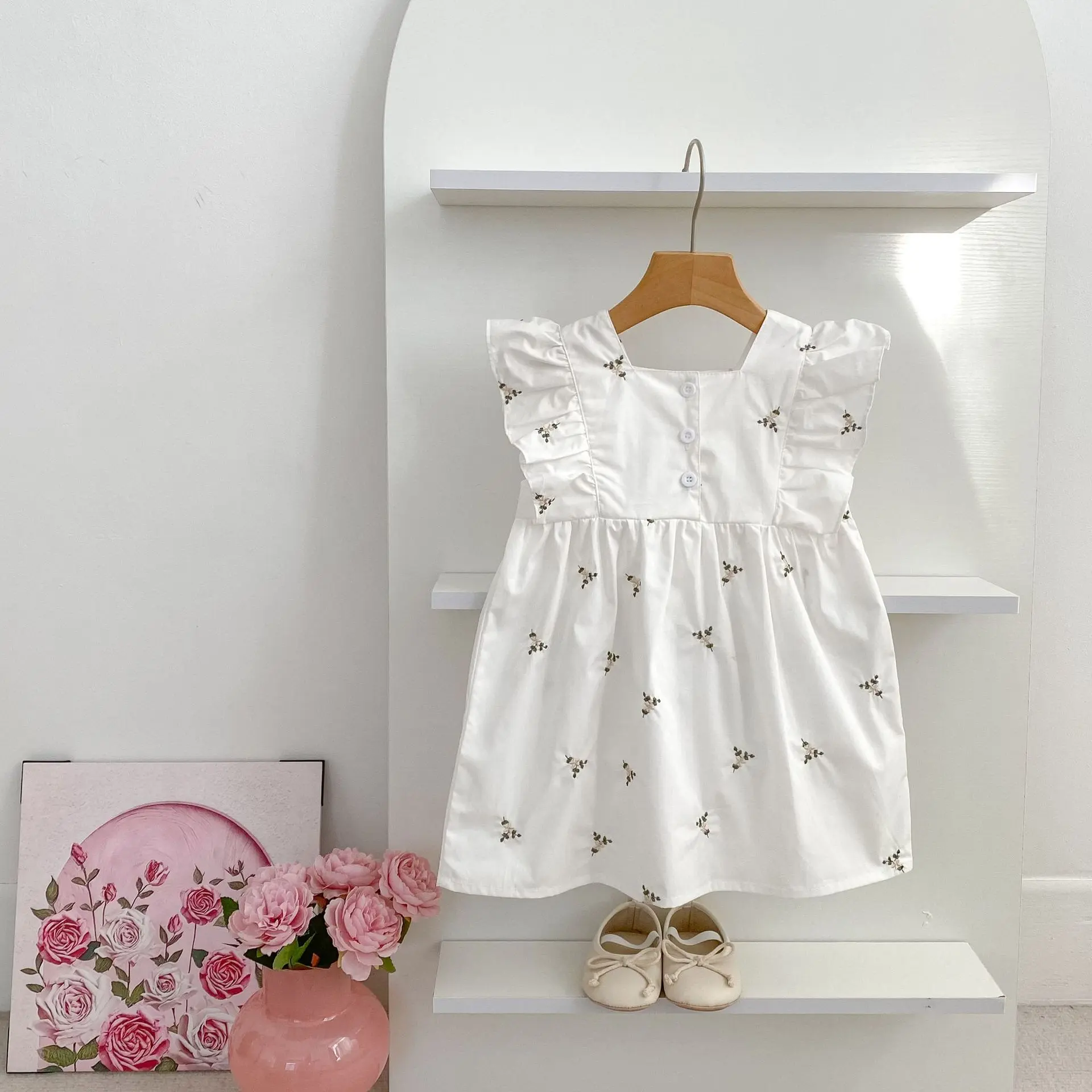 1-6Yrs Kids Clothes Summer Embroidery Dress Baby Girls Clothes Flying Sleeves Dresses Children's Clothing Vestidos Cotton Dress