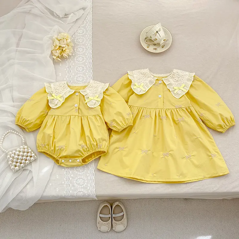 0-6Y Kids Party Dress Sisters Clothes Yellow Embroidered Bow Toddler Baby Bodysuits Cotton Sisters Clothes Girls Princess Dress