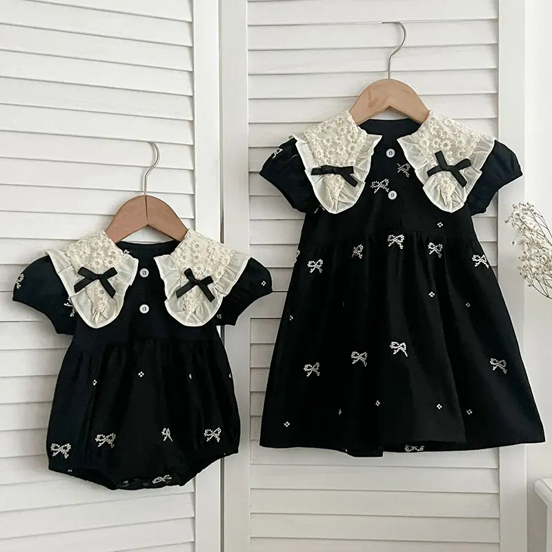 0-6Y Kids Party Dress Sisters Clothes Summer Embroidered Bow Toddler Baby Bodysuits Cotton Sisters Clothes Girls Princess Dress