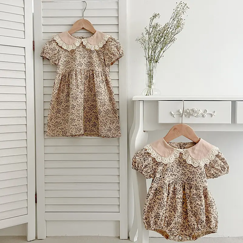 Summer Baby Girls Sister Clothes New Toddler Baby Rompers Princess Children Girls Short Sleeved Floral Printed Dresses Clothes