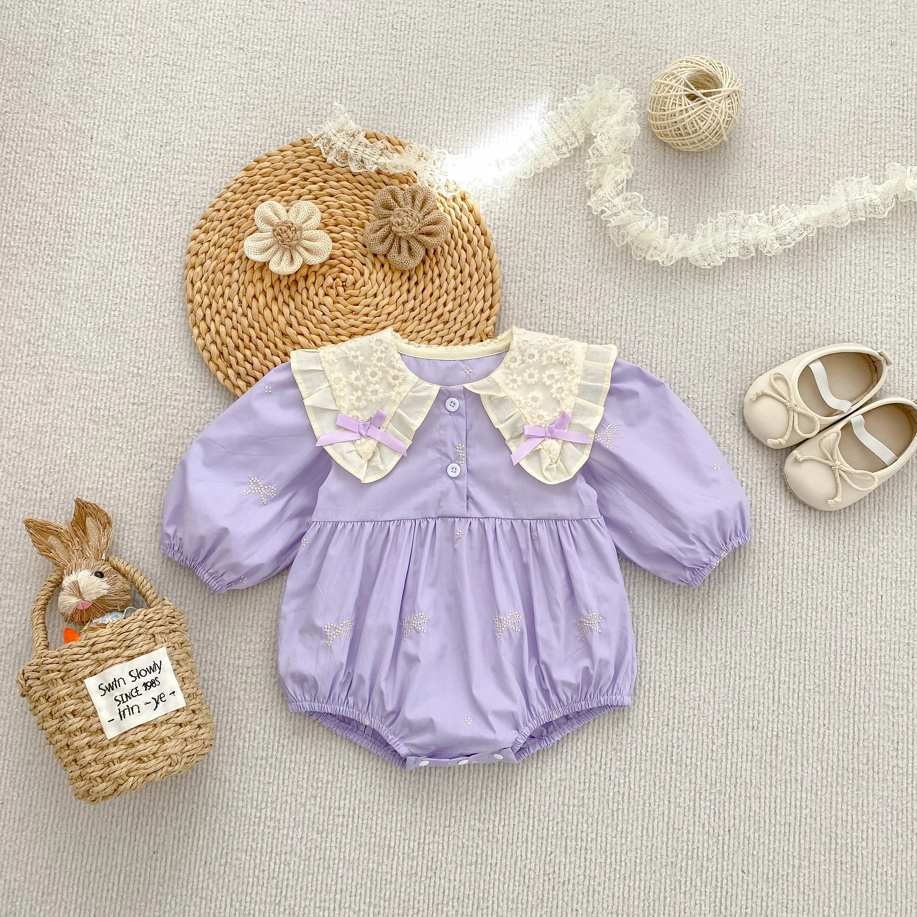 Newborn Baby Girl Romper Lace Bow Ribbon Ruffle Jumpsuit Purple Princess Toddler Floral Onesie Spring Embroidery Baby Clothes