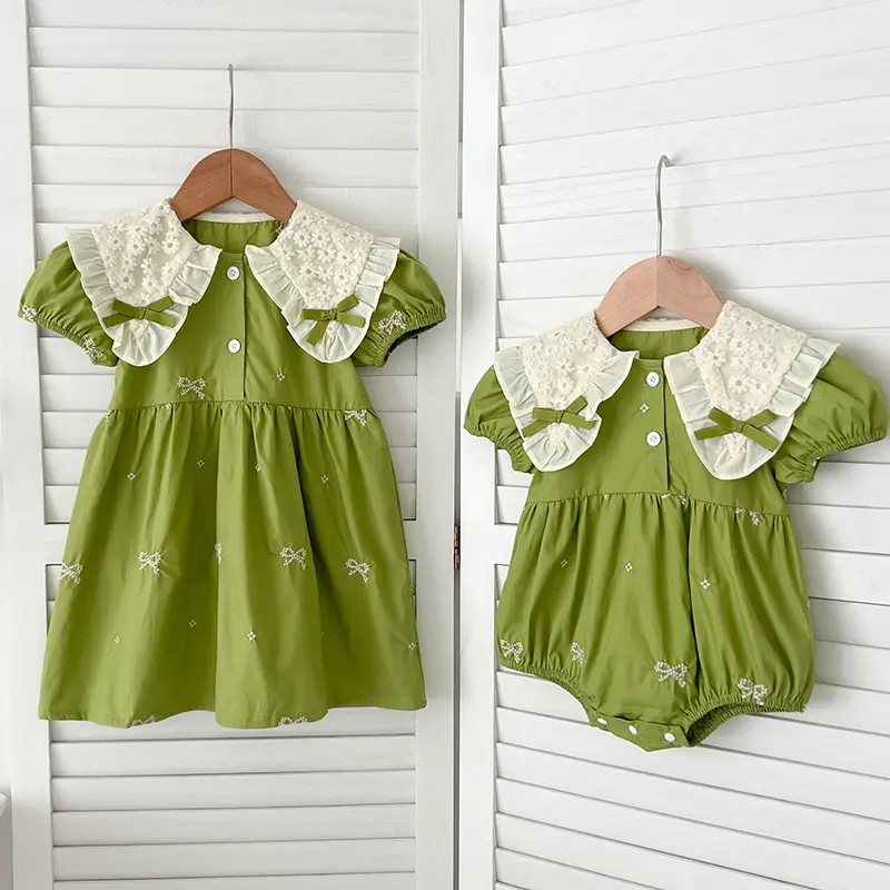 Sisters Clothes ﻿Summer Girls Princess Dress Lace Collar Sisters Dress Cotton Embroidery Toddler Baby Bodysuits Kids Party Dress