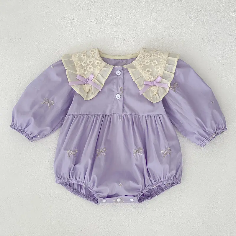 Newborn Baby Girl Romper Lace Bow Ribbon Ruffle Jumpsuit Purple Princess Toddler Floral Onesie Spring Embroidery Baby Clothes