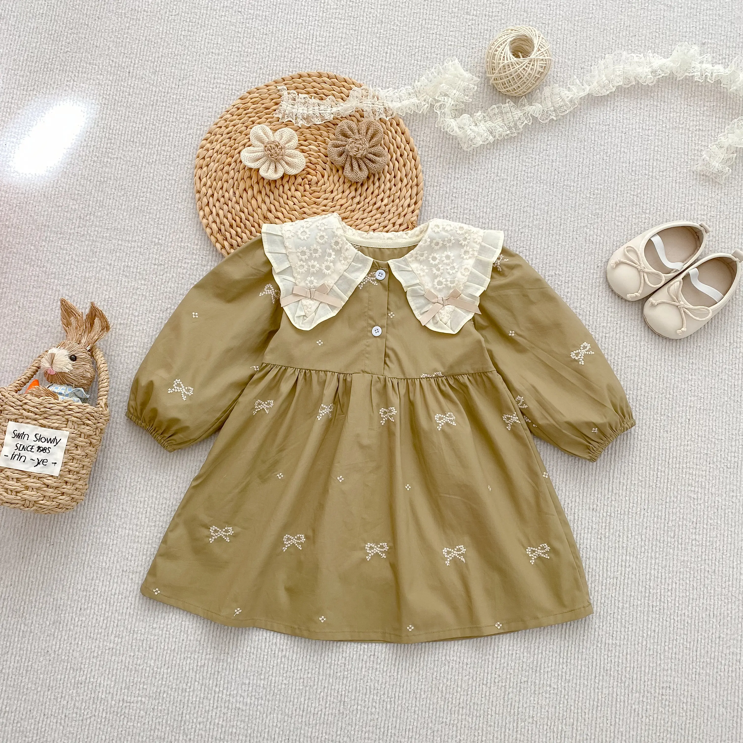 1-6Yrs Baby Girl Party Dress European American Style Clothing Spring Embroidered Bow Cotton Lace Splicing Kids Princess Dresses