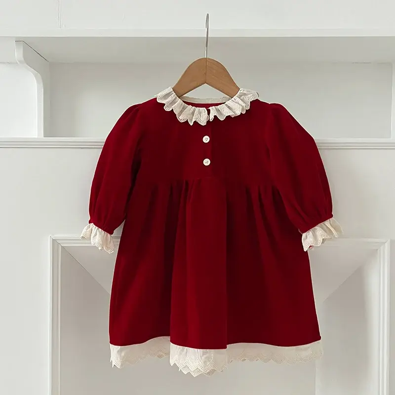 Christmas Kids Party Dress Sisters Girls Princess Dress Autumn Lace Long Sleeved Cotton Splicing Baby Bodysuits Sisters Clothes