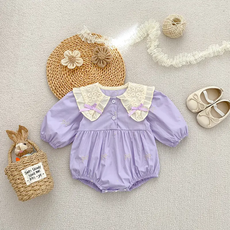 Newborn Baby Girl Romper Lace Bow Ribbon Ruffle Jumpsuit Purple Princess Toddler Floral Onesie Spring Embroidery Baby Clothes