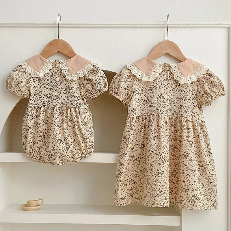 Summer Baby Girls Sister Clothes New Toddler Baby Rompers Princess Children Girls Short Sleeved Floral Printed Dresses Clothes