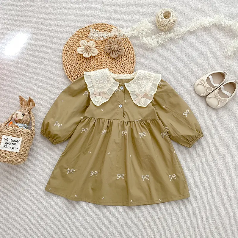1-6Yrs Baby Girl Party Dress European American Style Clothing Spring Embroidered Bow Cotton Lace Splicing Kids Princess Dresses