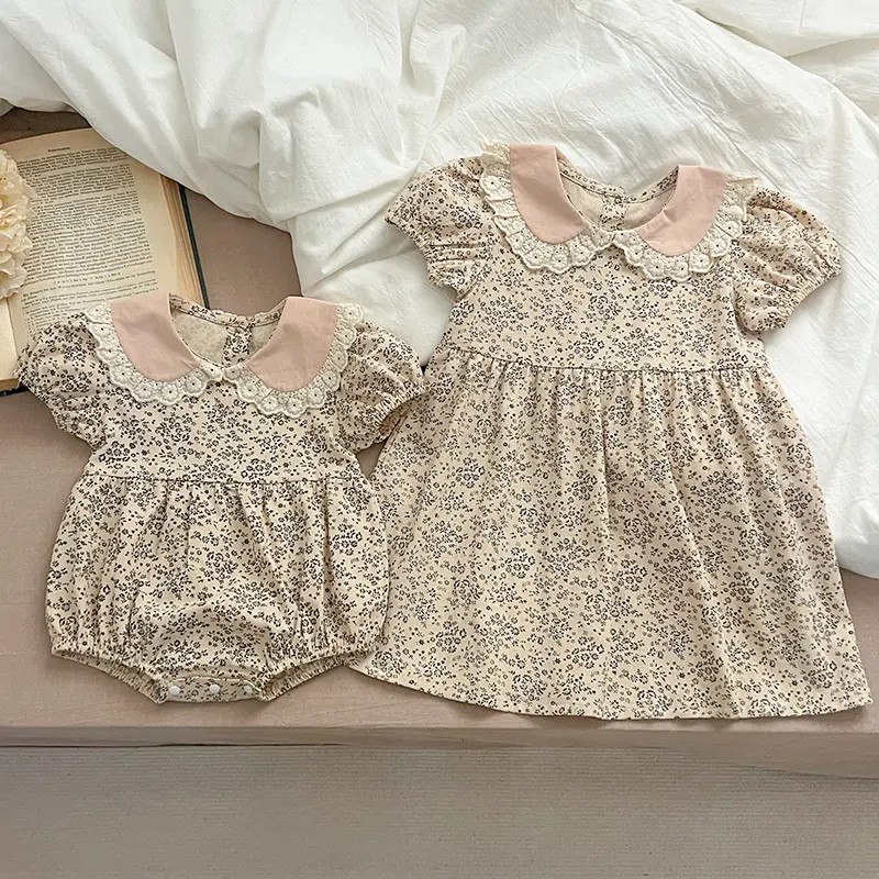 Summer Baby Girls Sister Clothes New Toddler Baby Rompers Princess Children Girls Short Sleeved Floral Printed Dresses Clothes