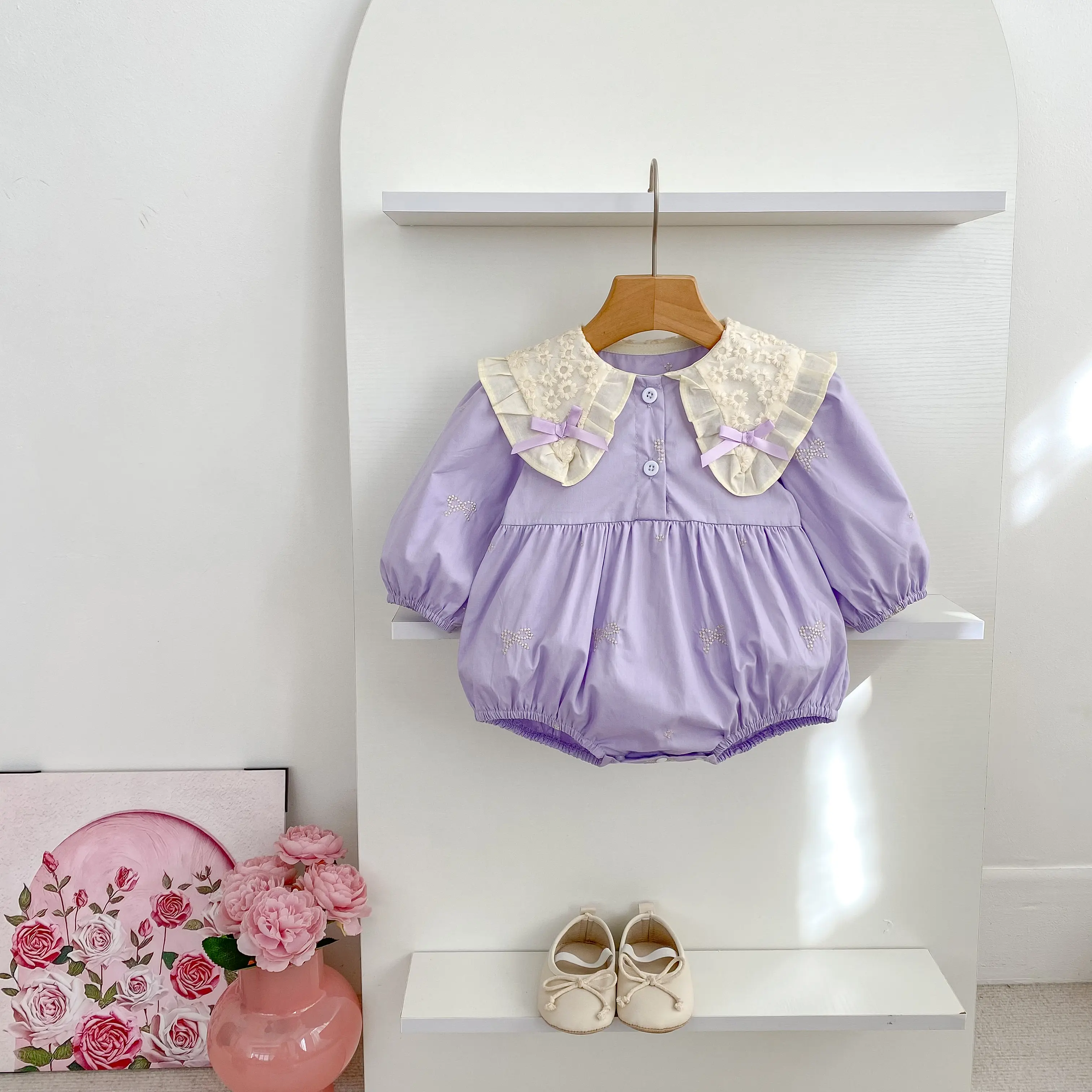 Newborn Baby Girl Romper Lace Bow Ribbon Ruffle Jumpsuit Purple Princess Toddler Floral Onesie Spring Embroidery Baby Clothes