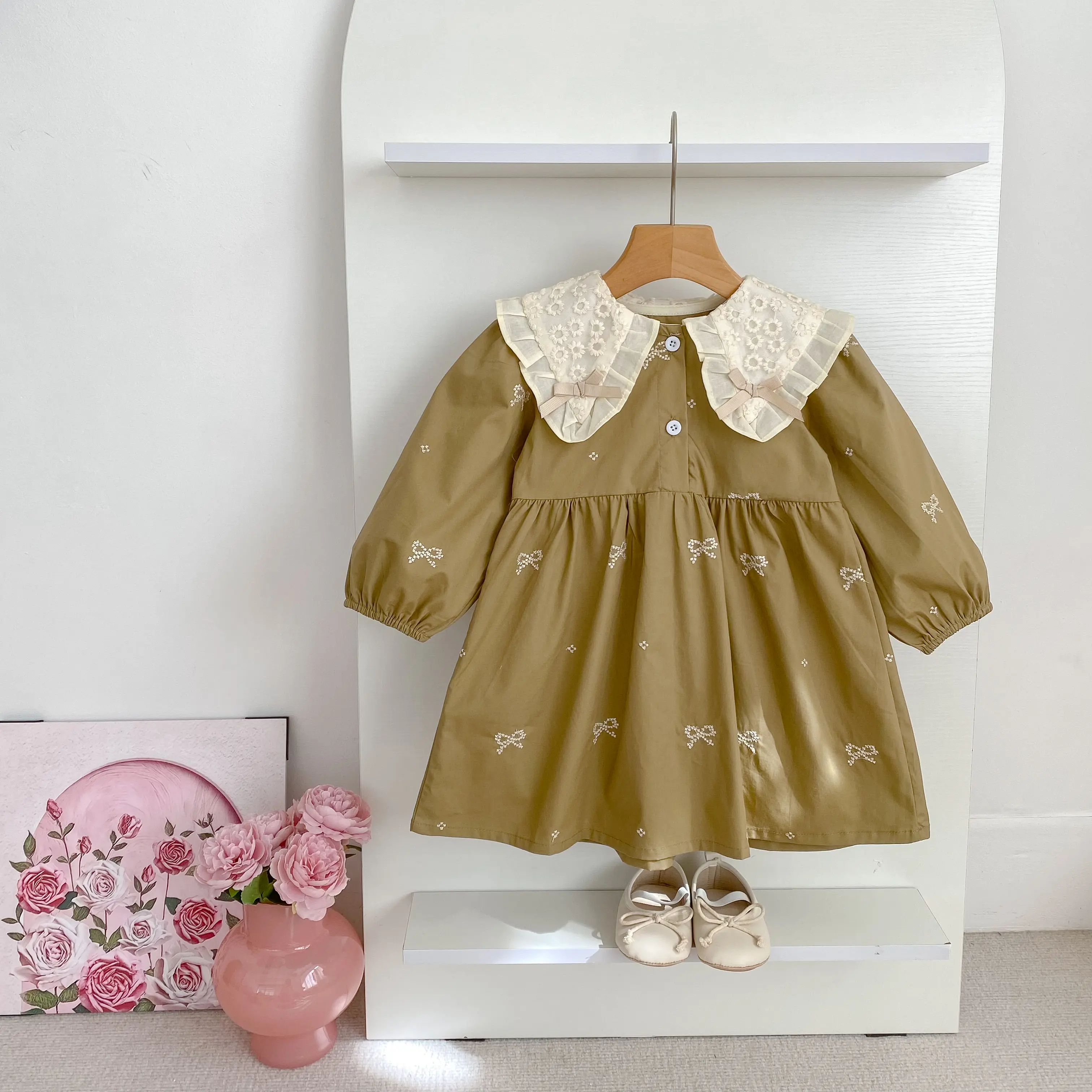 1-6Yrs Baby Girl Party Dress European American Style Clothing Spring Embroidered Bow Cotton Lace Splicing Kids Princess Dresses