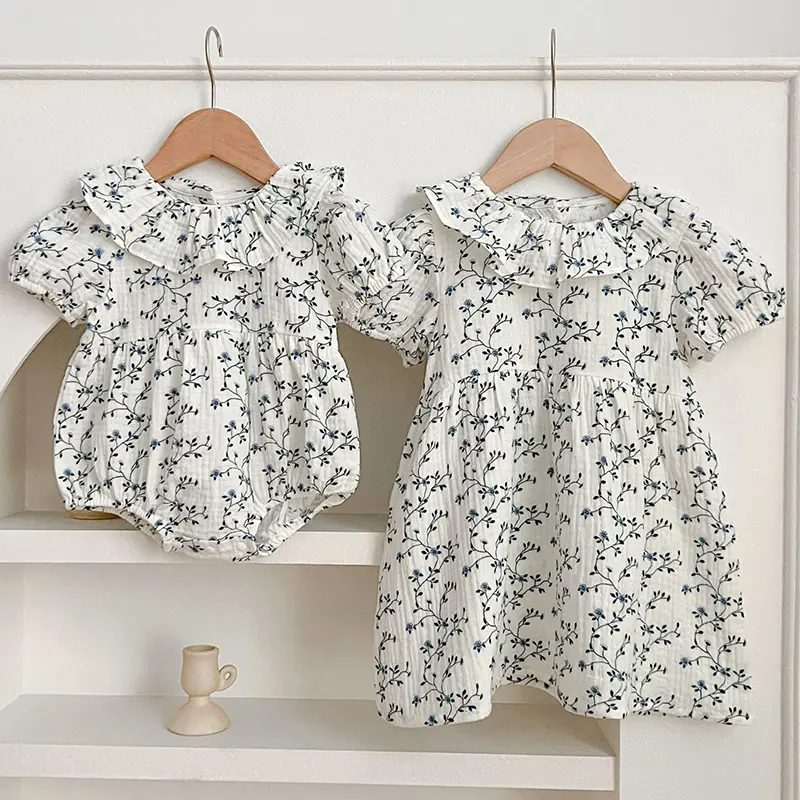 Sister Summer Baby Girls Clothes Girls Short Sleeve ​Dress Flower Print Kids Baby Romper Princess Dress Matching Sister Outfit