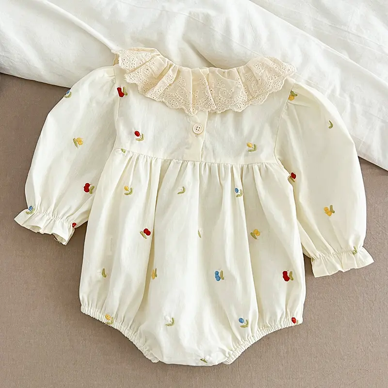 0-24M Infant Baby Girls Jumpsuit Spring Newborn Baby Girls Bodysuits Embroidery Cotton Lace Stitching Jumpsuit Children Clothes
