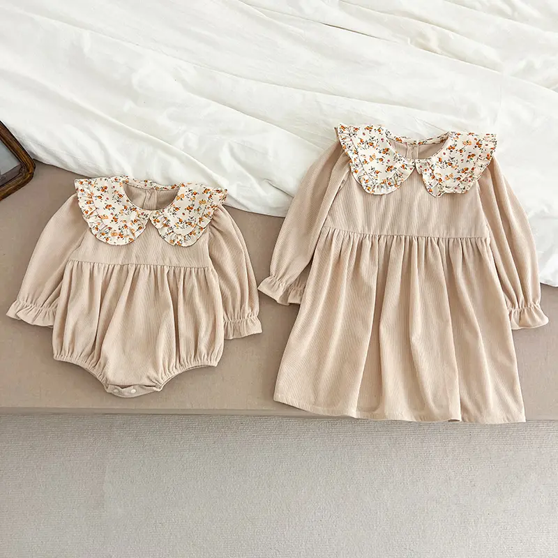 Spring New Baby Girls Sister Clothes Toddler Baby Rompers Princess Children Girls Long Sleeves Floral Printed Dresses Clothes