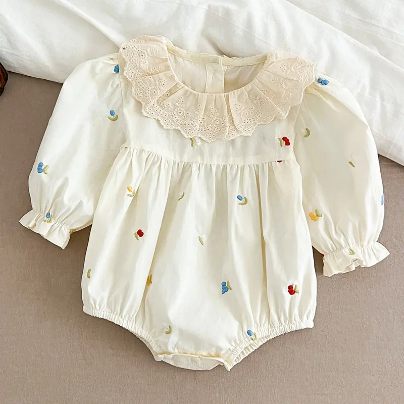 0-24M Infant Baby Girls Jumpsuit Spring Newborn Baby Girls Bodysuits Embroidery Cotton Lace Stitching Jumpsuit Children Clothes
