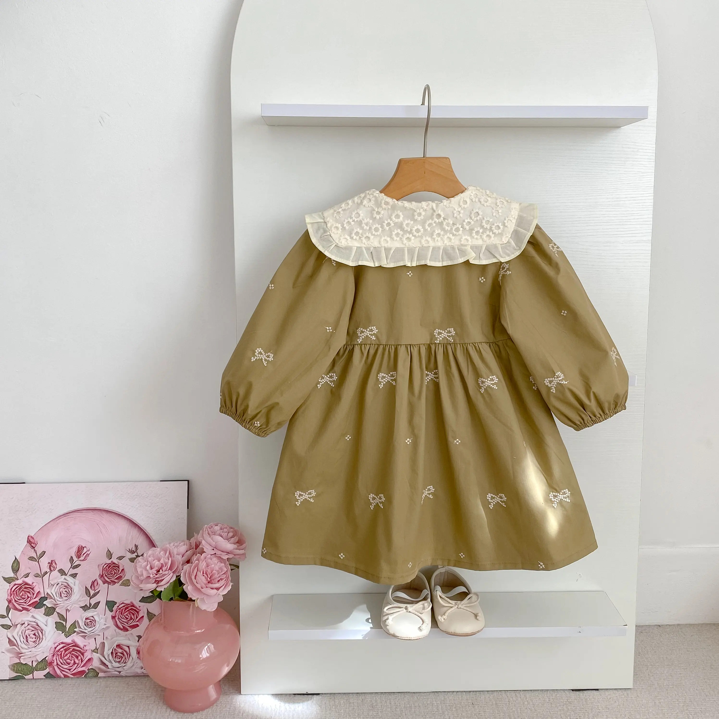 1-6Yrs Baby Girl Party Dress European American Style Clothing Spring Embroidered Bow Cotton Lace Splicing Kids Princess Dresses